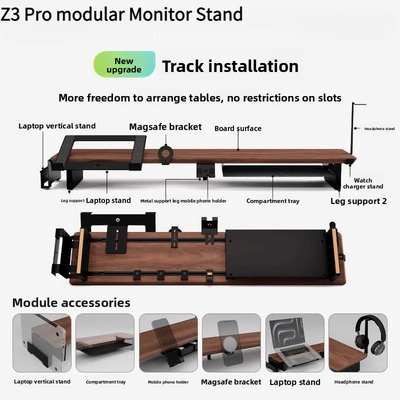 Z3 Pro Modular Monitor Riser Solid Wood Desktop Elevator Stand Computer Screen Stand Ergonomic Office Desk Organizer System
