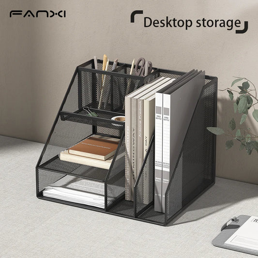 Desk Organizer with File Holder, Desk Organizers with 3 Tier Letter Trays and 2 Pen Holders, Mesh Desk Accessories & Workspace