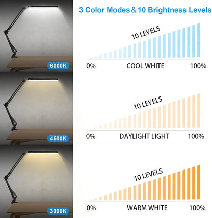 LED Folding Metal Desk Lamp Clip on Light Clamp Long Arm Diming Table Lamp 3 Colors Adjustable For Living Room Reading Computers