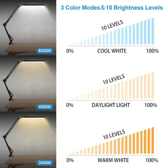 LED Folding Metal Desk Lamp Clip on Light Clamp Long Arm Diming Table Lamp 3 Colors Adjustable For Living Room Reading Computers